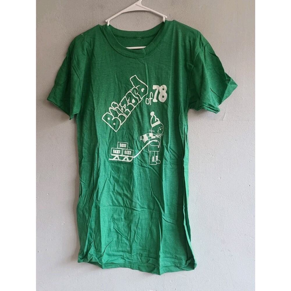 Vintage medium long Blizzard of 1978 beer sled tee t-shirt green men's women's